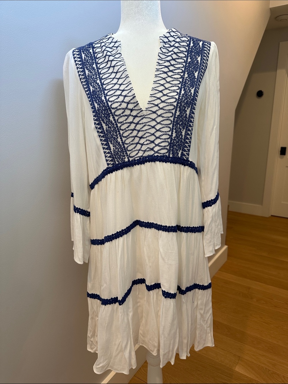 Hale Bob White Dress with Navy Embroidered V-Neck